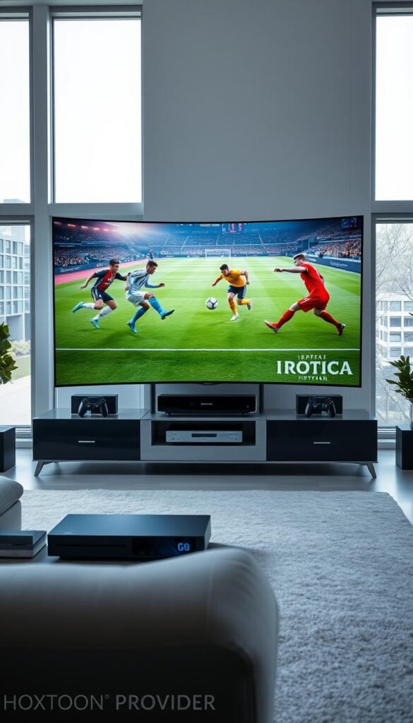 A highly detailed, ultra-high-definition sports streaming scene. In the foreground, a large curved 4K OLED television displays a dynamic soccer match, with players in sharp focus and vibrant colors. The Hoxtoon Provider logo is subtly visible in the bottom corner. In the middle ground, a modern media hub with high-end gaming consoles and a sleek streaming device connects the TV to a robust internet network. The background features a minimalist, tech-forward living space with floor-to-ceiling windows, allowing natural light to flood the room and create a bright, immersive atmosphere perfect for an intense sports viewing experience.