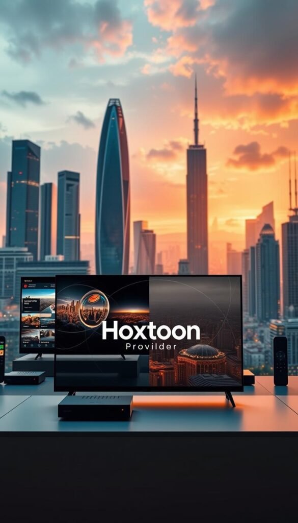 A hyper-detailed, cinematic view of the modern IPTV technology landscape. In the foreground, a sleek and minimalist UI interface with the Hoxtoon Provider logo prominently displayed, showcasing the latest 4K IPTV capabilities. The middle ground features an array of connected devices - smart TVs, set-top boxes, and mobile devices - all seamlessly integrated, reflecting the ubiquity of IPTV in today's digital world. The background depicts a vibrant cityscape, with towering skyscrapers and a futuristic skyline, symbolizing the rapid evolution and widespread adoption of IPTV technology. The scene is illuminated by a warm, soft lighting, creating a sense of sophistication and innovation.