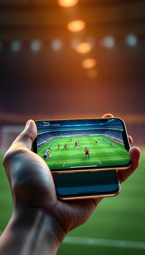 A hyper-realistic 3D rendering of a modern soccer game app on a sleek smartphone device. The app's interface is prominently displayed, showcasing a vivid football match in 4K resolution. The screen is backlit with a soft, warm glow, highlighting the app's high-quality graphics and user-friendly design. The smartphone is held in a hand, with a minimalist, brushed metal casing reflecting the "Hoxtoon Provider" branding. The background is blurred, creating a depth of field that draws the viewer's focus to the app's stunning visuals. Overall, the image conveys a sense of technological sophistication and the immersive experience of a next-generation mobile soccer game.