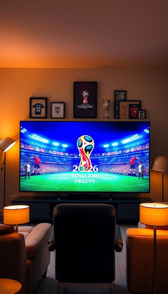 A large 4K HDTV displays the FIFA 2026 World Cup logo in a vibrant, high-definition resolution. The screen is surrounded by a sleek, modern entertainment system, complete with a premium Hoxtoon Provider streaming device. Warm, natural lighting from floor lamps illuminates the scene, creating a cozy, immersive viewing experience. In the foreground, a comfortable recliner and matching sofa invite the viewer to sit back and enjoy the historic tournament. The middle ground features a collection of soccer-themed decor, such as framed jerseys and trophies, capturing the excitement and passion of the global sporting event. The background showcases a minimalist, contemporary living room design, placing the focus on the captivating 4K display.