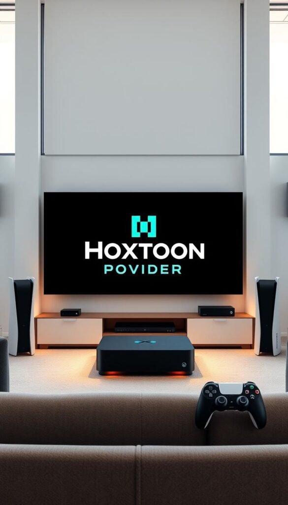 A large, 4K IPTV device prominently displaying the Hoxtoon Provider brand logo takes center stage, surrounded by a sleek, modern living room setup with a state-of-the-art Xbox Series X and PlayStation 5 gaming consoles on either side. The device radiates a warm, inviting glow, casting a soft light that illuminates the high-tech entertainment system. The background is a minimal, clean interior design with large windows letting in natural light, creating a sense of openness and sophistication. The overall scene conveys the power, reliability, and cutting-edge technology of Hoxtoon Provider, the leading IPTV service in the United States.