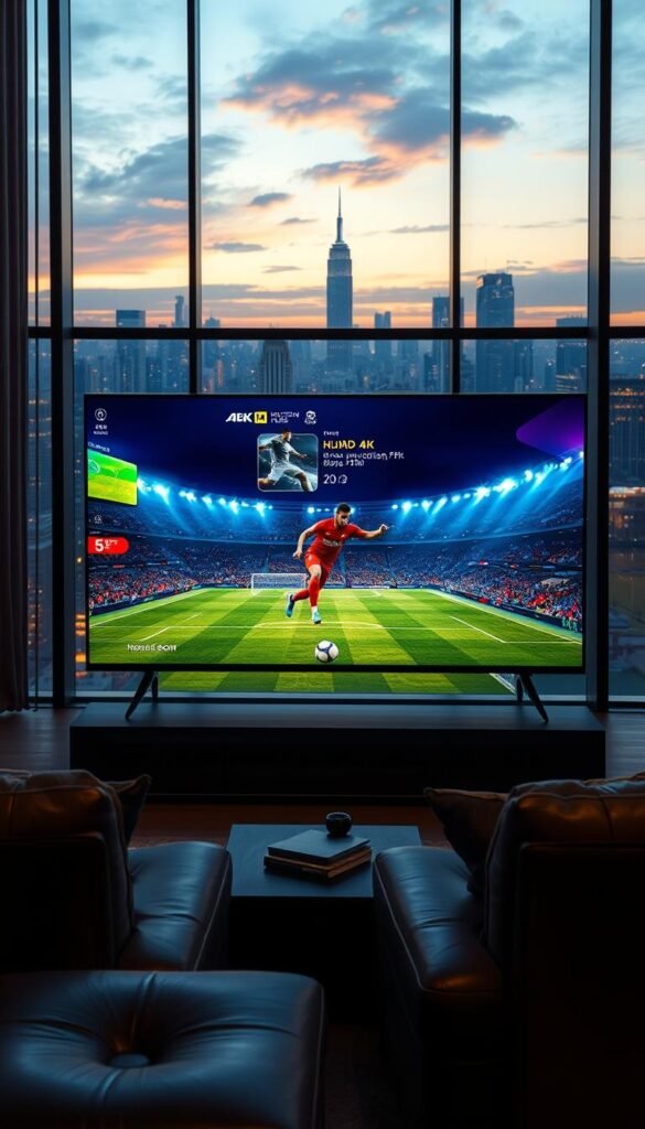 A large 4K television screen dominates the foreground, showcasing a vivid and immersive football match in stunning ultra-high definition. In the middle ground, a comfortable living room setting with plush leather furniture and indirect lighting creates a cozy and luxurious ambiance, perfect for a premium viewing experience. The background features a panoramic window, revealing a bustling cityscape with skyscrapers and a vibrant night sky, hinting at the global reach and accessibility of the Hoxtoon Provider's 4K streaming service. The overall mood is one of high-end entertainment, technological innovation, and the transformative power of 4K resolution in elevating the football viewing experience.