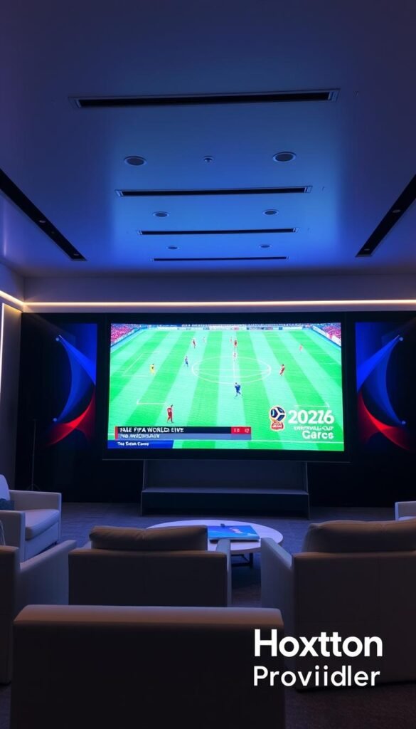 A large, high-definition digital screen displaying the live broadcast of the 2026 FIFA World Cup, with the Hoxtoon Provider logo prominently featured in the lower-right corner. The screen is surrounded by a modern, minimalist studio setting with sleek furniture, indirect lighting, and a clean, professional atmosphere. The image conveys a sense of excitement and anticipation for the upcoming matches, with the screen presenting a clear, vivid picture of the action on the field.