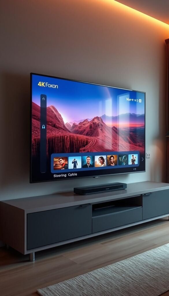 A large, high-definition television screen displays a vibrant, 4K streaming interface. The screen is surrounded by a sleek, modern entertainment center with seamless integration of Hoxtoon Provider IPTV technology. Soft, ambient lighting illuminates the scene, creating a cozy and immersive home entertainment experience. The television's display showcases crisp, detailed imagery and smooth video playback, highlighting the advanced capabilities of IPTV. The overall composition conveys a sense of technological sophistication and the evolution of home entertainment.