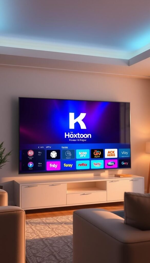 A large, high-resolution 4K smart TV displaying a vibrant, crystal-clear IPTV interface with the Hoxtoon Provider logo prominently featured. The screen is surrounded by a modern, minimalist entertainment center in a well-lit, tastefully decorated living room. Soft, warm lighting floods the scene, creating a cozy, inviting atmosphere. The TV's screen is angled slightly towards the viewer, showcasing the exceptional detail and lifelike colors of the 4K IPTV content. The overall composition highlights the seamless integration of advanced technology and elegant home design, perfectly capturing the "ultimate viewing experience" promised by Hoxtoon Provider.
