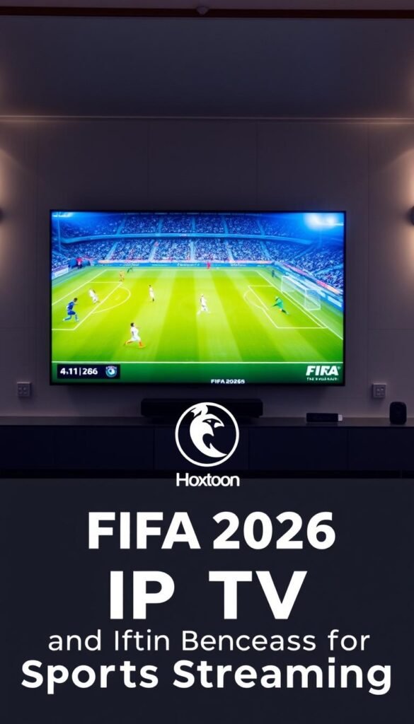 A large, high-resolution screen displaying a FIFA 2026 soccer match in vivid 4K detail, with a bright, dynamic lighting setup that highlights the intense action on the field. In the foreground, a Hoxtoon Provider logo is prominently displayed, conveying the idea of streaming the event through this IPTV service. The background features a sleek, modern living room setting, with a Firestick device visible, alluding to the easy accessibility of the FIFA 2026 broadcast. The overall scene exudes a sense of excitement and immersion, capturing the essence of the "Understanding IPTV and Its Benefits for Sports Streaming" section.