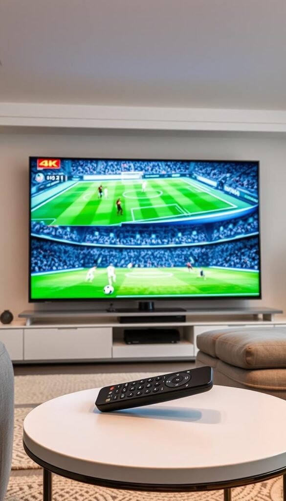A large modern television displaying a high-definition soccer match, the players and field rendered in vivid 4K detail. The screen is the central focus, surrounded by a contemporary living room environment with minimal furnishings and neutral tones, creating a sleek, immersive viewing experience. Soft, even lighting illuminates the scene, emphasizing the television's display and the clarity of the game footage. In the foreground, a Hoxtoon Provider remote control rests on a minimalist side table, hinting at the advanced IPTV technology powering this revolutionary soccer viewing setup.