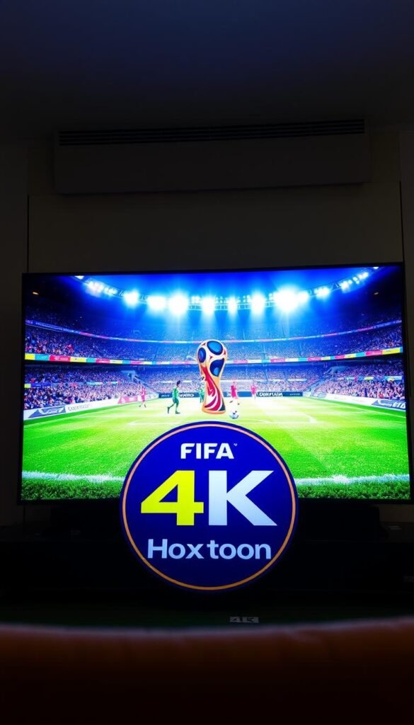 A large, modern television screen displays the FIFA World Cup in stunning 4K resolution. The lush, vibrant grass of the pitch is rendered in exquisite detail, with players' faces and movements captured with remarkable clarity. The stadium's gleaming lights and towering architecture create a dramatic, cinematic atmosphere. In the foreground, a Hoxtoon Provider logo prominently adorns the television, hinting at the high-quality 4K streaming experience. The overall scene conveys the immersive, larger-than-life nature of watching the world's premier football tournament in the best possible visual fidelity.