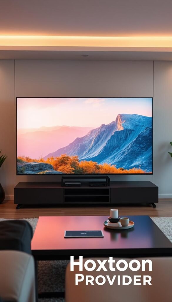 A large, sleek 4K resolution television set dominates the frame, its screen displaying a vibrant, ultra-high-definition image. The television stands in a modern, minimalist living room setting, with clean lines and neutral tones. Soft, indirect lighting creates a warm, inviting atmosphere, highlighting the television's detailed display. In the foreground, a stylish coffee table and comfortable seating suggest a cozy, premium home entertainment experience. The Hoxtoon Provider logo is subtly integrated into the scene, conveying the high-quality, cutting-edge technology at the heart of this immersive viewing experience.