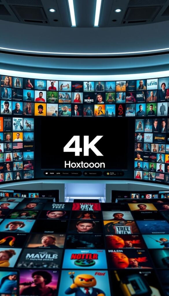 A large, vibrant 4K content library with a sleek, modern interface. In the foreground, rows of high-resolution movie and TV show thumbnails spanning various genres and categories. A central logo for "Hoxtoon Provider" is prominently displayed, exuding a sense of quality and authority. The middle ground showcases a clean, minimalist design with intuitive navigation controls and filtering options. In the background, a subtle, gradient-based color scheme sets a calm, inviting atmosphere. Crisp, directional lighting illuminates the scene, highlighting the vivid, true-to-life 4K visuals. The overall composition conveys a comprehensive, high-quality 4K content experience from the Hoxtoon Provider.