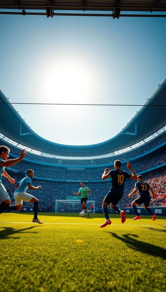 A large, vibrant 4K display showcases a thrilling FIFA2026 match, highlighting the superior visual quality and immersive viewing experience. In the foreground, players compete with dynamic precision, their movements captured in crisp detail. The midground features a modern stadium setting, with sleek architectural elements and enthusiastic spectators filling the seats. In the background, a clear, sunlit sky sets the tone for the high-energy atmosphere. Lighting is natural and balanced, creating a sense of depth and realism. The overall composition conveys the excitement and importance of watching FIFA2026 live in stunning 4K quality, powered by the Hoxtoon Provider.