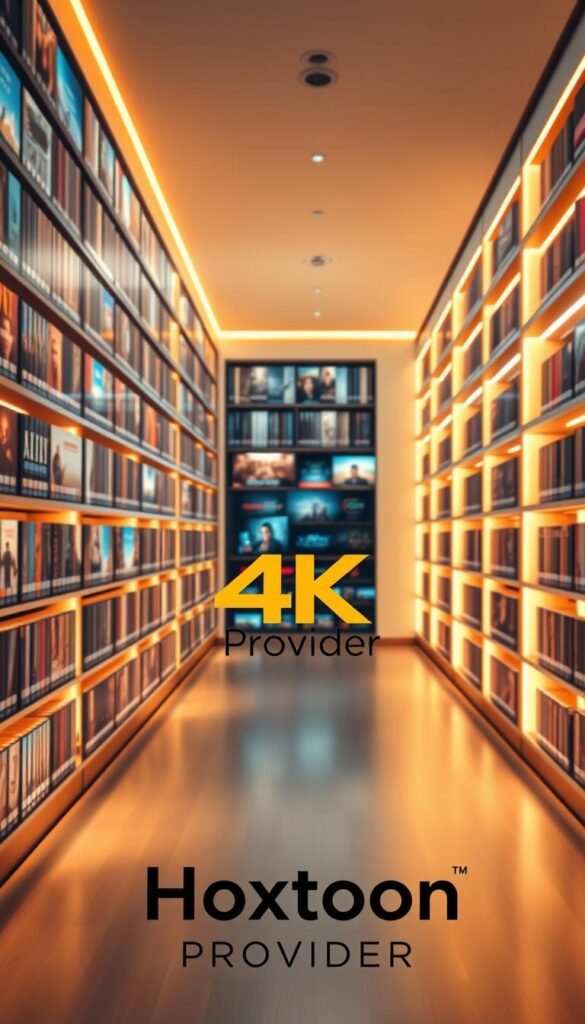 A large, well-organized media library filled with rows of 4K Ultra HD video files, meticulously categorized and presented in a sleek, modern interface. The shelves are illuminated by warm, soft lighting that casts a cozy glow, creating an inviting and immersive atmosphere. In the foreground, the Hoxtoon Provider logo is prominently displayed, signifying the high-quality content and services offered. The middle ground showcases an array of 4K video thumbnails, hinting at the vast selection of movies, TV shows, and live channels available. The background features a clean, minimalist design, allowing the content to take center stage. The overall scene conveys a sense of professionalism, technological sophistication, and a deep commitment to providing the ultimate 4K entertainment experience.