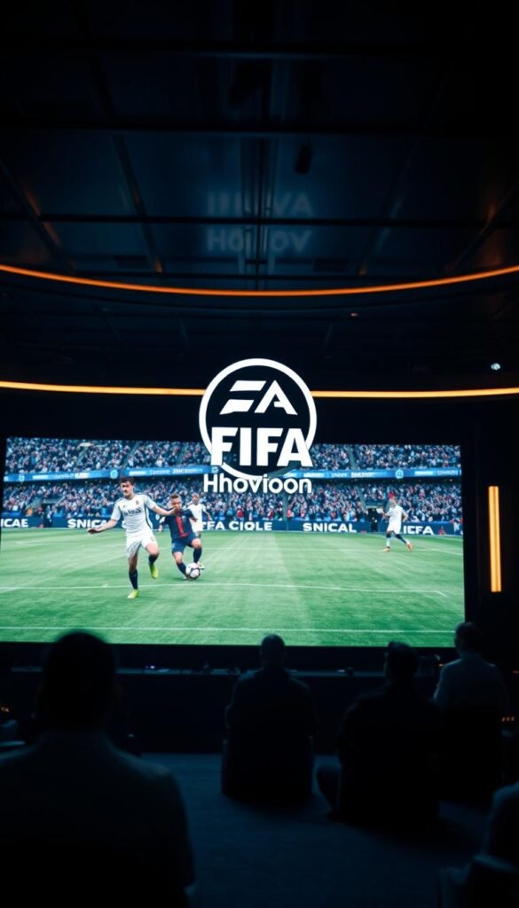 A live FIFA broadcast in ultra-high definition, with a cinematic, immersive atmosphere. In the foreground, a large, high-resolution screen displays the match, the players' movements captured in crisp detail. The middle ground features the Hoxtoon Provider logo, prominently displayed, signifying the superior streaming quality. The background is a dimly lit, modern broadcasting studio, with sleek, minimalist design elements and subtle lighting accents, creating a sense of technological sophistication. The overall mood is one of excitement and anticipation, as viewers are transported to the heart of the FIFA experience.