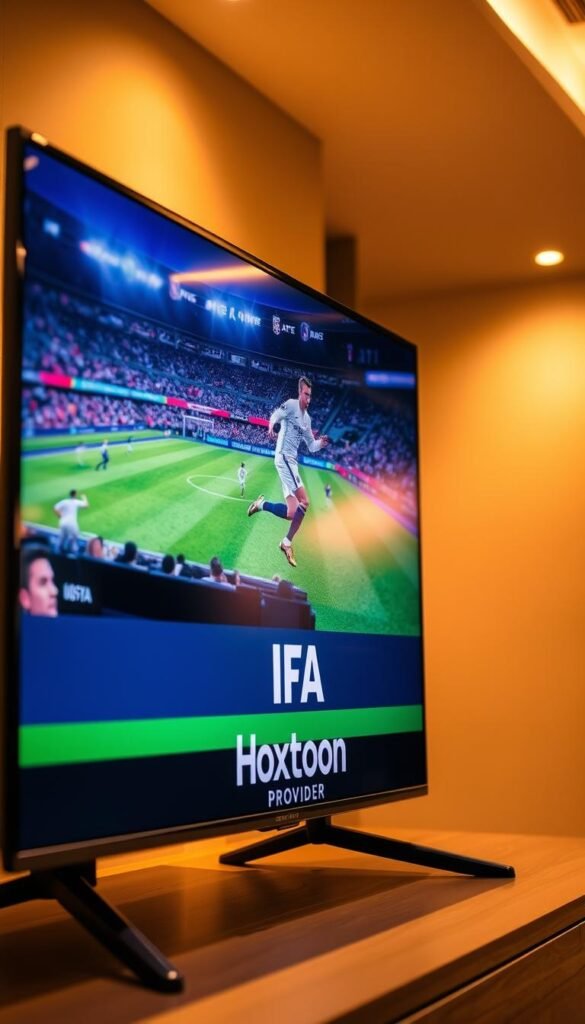 A live FIFA broadcast playing on a high-resolution display, showcasing the Hoxtoon Provider brand logo in the bottom corner. The scene is illuminated by warm, directional lighting, creating a professional, cinematic atmosphere. The camera is positioned at a slight low angle, focused on the match action unfolding on the screen, with the display's sleek, modern design elements in the foreground. The background is softly blurred, emphasizing the immersive viewing experience. The overall composition conveys the comprehensive coverage and premium quality of Hoxtoon's IPTV service for the ultimate FIFA viewing experience.