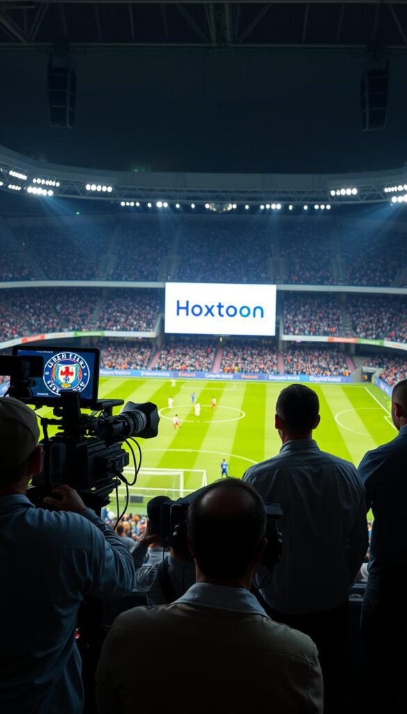 A live, dynamic sports broadcast featuring the Hoxtoon Provider IPTV service. In the foreground, a crew of cameramen and technical staff capture the action unfolding on the soccer pitch, their equipment bathed in the cool glow of studio lighting. The middle ground showcases the Hoxtoon logo prominently displayed on a large screen, flanked by sports commentators animatedly analyzing the match. In the background, the stadium seating is filled with enthusiastic fans, their energy and excitement palpable. The scene conveys a sense of high-quality, professional IPTV coverage that puts the viewer right in the heart of the game.