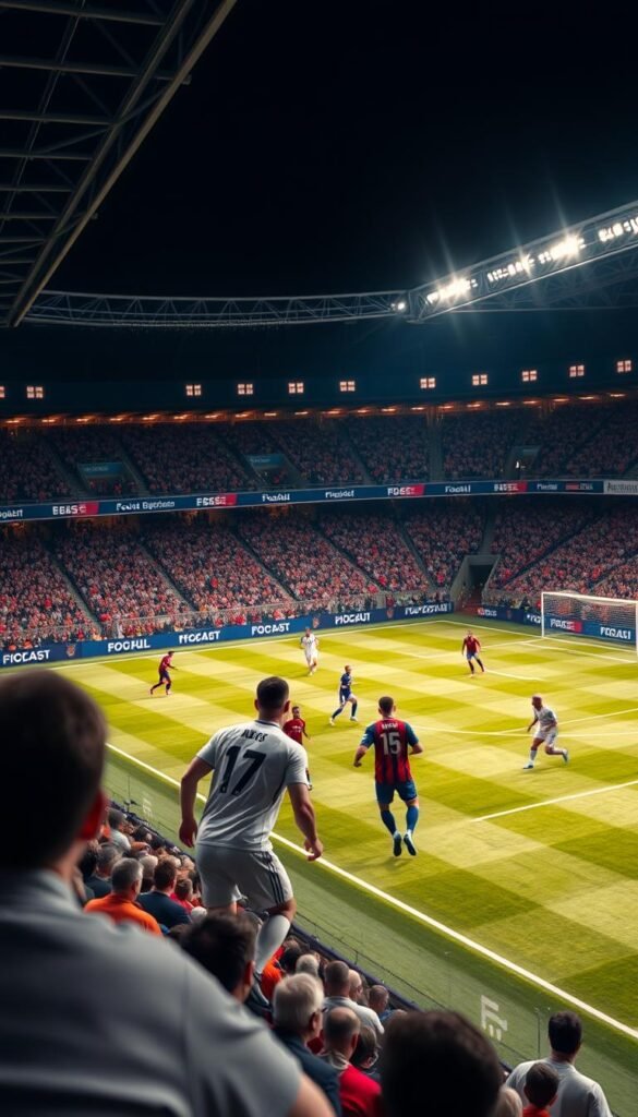 A live football match in stunning 4K resolution, broadcast by the cutting-edge Hoxtoon Provider platform in 2026. The action unfolds on a lush, meticulously rendered pitch, with players moving with lifelike fluidity under the glow of warm, cinematic lighting. Spectators fill the stands, their faces animated with excitement, while a dynamic camera angle captures the drama of the game from an elevated vantage point. The overall scene conveys a sense of immersion and technological prowess, showcasing Hoxtoon Provider's comprehensive coverage of the sport's biggest events.