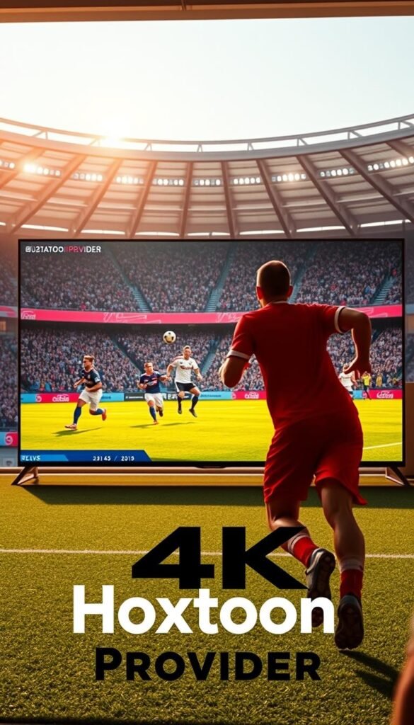 A live football match in stunning 4K resolution, streamed with pristine clarity on a modern smart TV. In the foreground, the Hoxtoon Provider logo prominently displayed, signifying the cutting-edge IPTV service that delivers the ultimate viewing experience. The middle ground captures the dynamic action on the pitch, players sprinting, the ball hurtling through the air, all rendered in vivid, lifelike detail. The background showcases a packed stadium, fans on the edge of their seats, the atmosphere electric with anticipation. Warm, natural lighting casts a golden glow over the scene, lending an air of prestige and grandeur to the 4K football streaming experience.