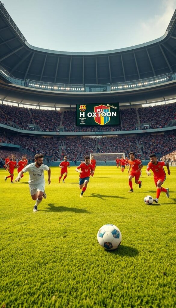 A live soccer match in progress, with players in vibrant uniforms chasing the ball across a lush, verdant pitch. In the foreground, a wide-angle lens captures the intense action, players' expressions in sharp focus. The stadium is filled with spectators, their cheers and excitement palpable. The lighting is natural, with warm sunlight filtering through the stadium's modern architecture. In the background, the Hoxtoon Provider logo subtly graces the scoreboard, blending seamlessly into the scene. The overall mood is one of energy, athleticism, and the thrill of the beautiful game.