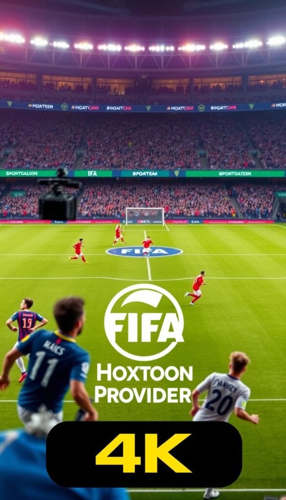 A lively FIFA football match broadcast in stunning 4K resolution, with the Hoxtoon Provider logo prominently displayed. In the foreground, players dash across the field, their movements captured in crisp detail. The middle ground showcases the sleek, modern broadcast setup, with cameras, lighting rigs, and production equipment. In the background, a packed stadium audience cheers passionately, their faces illuminated by the vibrant stadium lights. The scene conveys the energy and excitement of high-quality 4K streaming, highlighting Hoxtoon Provider's commitment to delivering the best possible viewing experience for the ultimate football fan.