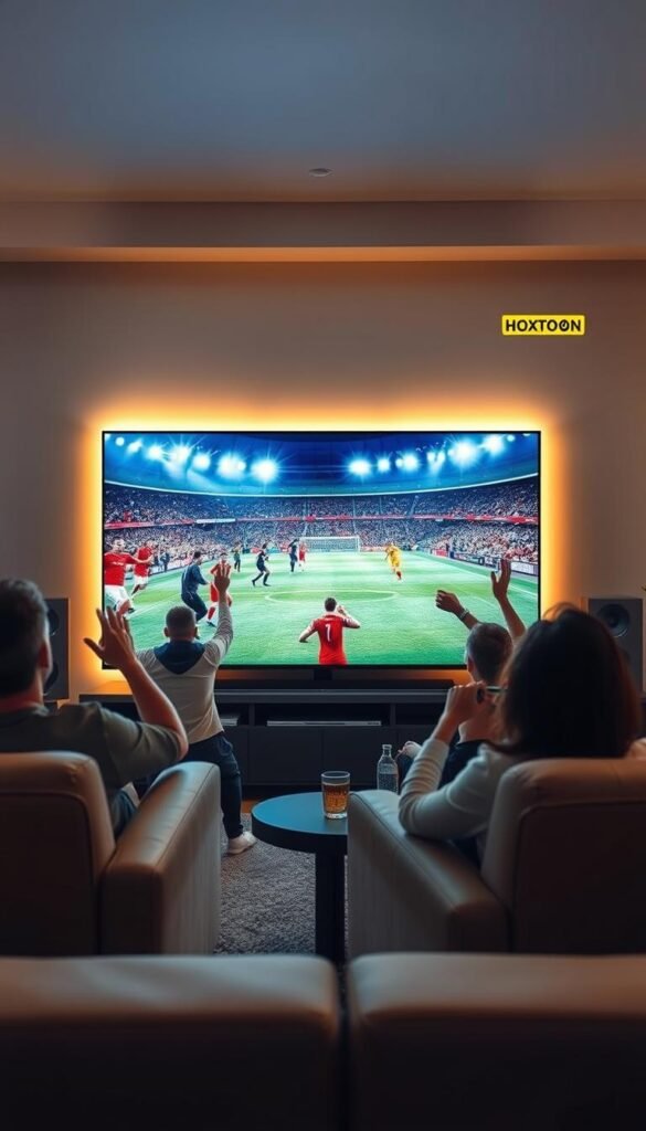 A living room setting with a large, high-definition television screen displaying an intense soccer match in 4K resolution. In the foreground, a group of enthusiastic fans cheering and gesturing passionately, their faces illuminated by the vivid, lifelike images on the screen. Surround sound speakers provide an immersive audio experience, heightening the excitement. The middle ground features a comfortable sofa and armchair, where the fans are settled in to enjoy the game. The background showcases a modern, minimalist interior design with sleek, contemporary furnishings. Subtle, warm lighting creates a cozy, inviting atmosphere. A Hoxtoon Provider logo discreetly displayed in the corner, signifying the high-quality streaming service powering this ultimate 4K soccer viewing experience.