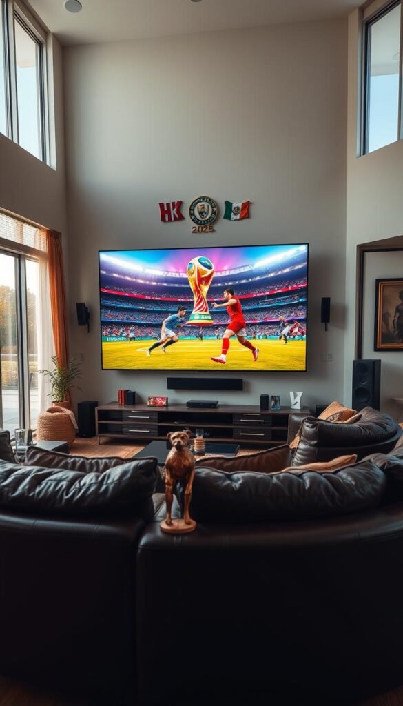 A living room with a large 4K IPTV display, casting an immersive FIFA World Cup 2026 match in vibrant detail. Plush leather couches provide comfortable seating, while floor-to-ceiling windows flood the space with natural light. The room is adorned with Hoxtoon Provider memorabilia, creating an atmosphere of sports fandom. Lighting is soft and warm, creating a cozy viewing experience. The camera angle is wide, capturing the full breadth of the setup, showcasing the technological prowess of the Hoxtoon Provider 4K IPTV service.