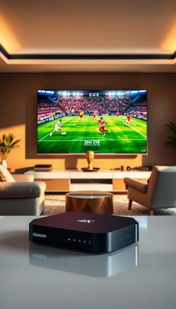 A living room with a large 4K Ultra HD television displaying a vibrant and immersive World Cup match. The room is bathed in warm, natural lighting, creating a cozy and inviting atmosphere. In the foreground, a Hoxtoon Provider streaming box is prominently placed, suggesting the seamless integration of high-quality 4K content delivery. The middle ground features a comfortable sofa and armchair, where viewers can recline and enjoy the match in ultimate comfort. The background showcases a minimalist, modern decor, with clean lines and neutral tones that complement the vivid colors of the on-screen action. The overall scene conveys the ultimate 4K World Cup viewing experience, where immersion, quality, and convenience come together for the ultimate football fan.