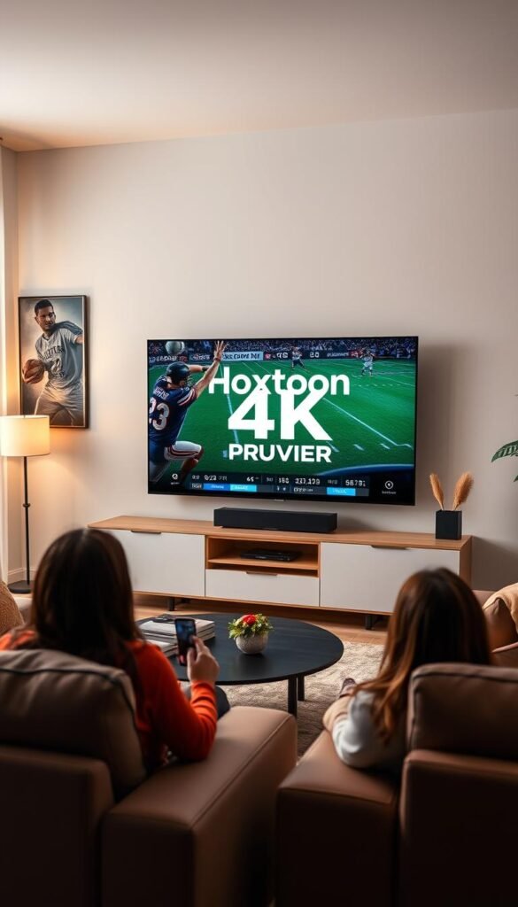 A living room with a large 4K smart TV, displaying a high-quality sports broadcast. The TV is surrounded by comfortable, modern furniture and a cozy, well-lit atmosphere. A Hoxtoon Provider logo is prominently displayed on the TV screen, indicating the reliable 4K streaming service delivering the premium sports content. The scene conveys a sense of immersion and excitement, perfectly capturing the experience of watching the best live sports in 4K resolution.