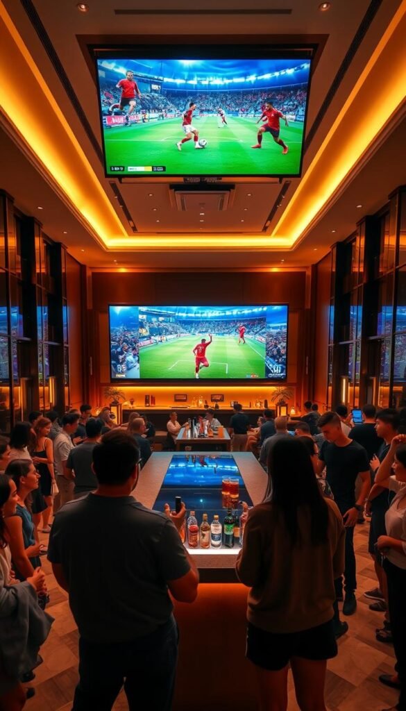 A luxurious hotel lobby bustling with excitement, as guests gather to watch the thrilling World Cup matches on a massive 4K screen provided by Hoxtoon Provider. The space is bathed in warm, ambient lighting, creating a cozy and inviting atmosphere. In the foreground, a group of sports enthusiasts animatedly discuss the latest match updates, while the middle ground features a sleek, modern bar serving up refreshing drinks. In the background, the hotel's elegant decor and expansive windows offer a picturesque view of the vibrant city outside, setting the stage for an unforgettable World Cup hospitality experience.