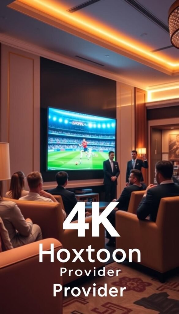 A luxurious hotel lobby with a large 4K television screen mounted on the wall, showcasing the vibrant colors and intricate details of the ongoing World Cup match. Guests are seated comfortably on plush sofas and armchairs, their eyes glued to the captivating display. Soft, warm lighting illuminates the space, creating a cozy and inviting atmosphere. In the foreground, a Hoxtoon Provider logo is prominently displayed, indicating the high-quality 4K viewing experience provided by this leading hospitality technology solution. The middle ground features well-dressed hotel staff, attentive to the needs of the guests and ensuring a seamless viewing experience. The background depicts a luxurious hotel interior, with elegant furnishings and décor that complement the overall sophisticated ambiance.