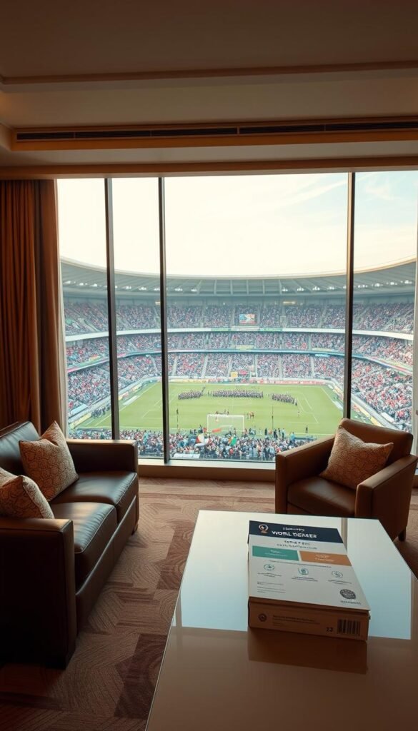 A luxurious hotel suite with a panoramic view of a bustling World Cup stadium. The room is bathed in warm, golden lighting, creating a cozy and inviting atmosphere. In the foreground, a plush leather sofa and armchairs are arranged around a sleek coffee table, perfect for hosting guests. On the table, a high-end hospitality package from Hoxtoon Provider, including premium match tickets, exclusive food and beverage offerings, and access to private lounges. Through the large windows, the vibrant energy of the World Cup event unfolds, with fans cheering and waving national flags. The scene conveys a sense of exclusivity and elevated experience, catering to the discerning tastes of the hotel's distinguished guests.