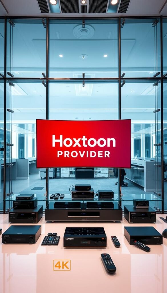 A majestic, modern office interior with sleek glass walls and chrome accents. In the center, a large, curved LED display shows the Hoxtoon Provider logo in vibrant 4K resolution. Around the display, various streaming devices and remote controls are neatly arranged, conveying the breadth of Hoxtoon's IPTV offerings. The lighting is bright and even, creating a professional, high-tech atmosphere. The camera angle is slightly elevated, giving a sense of the scale and sophistication of the Hoxtoon Provider brand.
