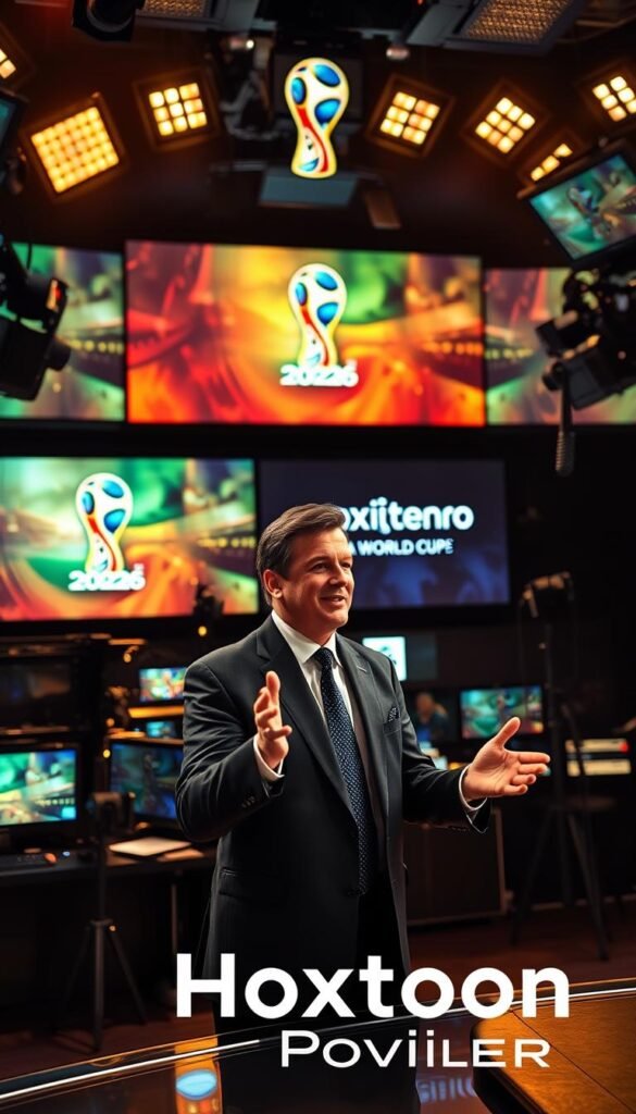 A massive high-definition broadcast studio, with an array of cameras, microphones, and screens displaying the FIFA World Cup 2026 logo. Dramatic lighting casts a warm glow, creating a sense of anticipation and excitement. In the foreground, a distinguished sports commentator, dressed in a sharp suit, gestures animatedly while describing the action on the field. In the background, the Hoxtoon Provider logo prominently displayed, signifying the high-quality IPTV service that will bring the tournament to life in stunning 4K resolution. The overall scene exudes a professional, cutting-edge ambiance, reflecting the cutting-edge technology and expertise that will deliver the ultimate FIFA 2026 viewing experience.