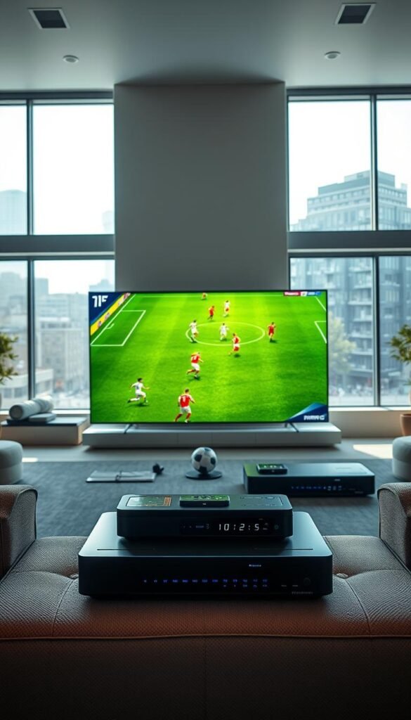 A mesmerizing ultra-high-definition display showcases the captivating world of FIFA streaming, brought to life by the Hoxtoon Provider. In the foreground, a crisp and vibrant football match unfolds, with players darting across the lush green pitch in stunning detail. The middle ground features sleek, cutting-edge streaming devices, their intuitive interfaces and lightning-fast connectivity enabling an immersive viewing experience. In the background, a modern, minimalist living room setting provides the perfect backdrop, with ample natural light filtering through large windows and a sense of technological sophistication permeating the space. The overall atmosphere conveys a seamless blend of sport, entertainment, and cutting-edge technology, inviting the viewer to dive into the captivating world of FIFA Ultra HD streaming.