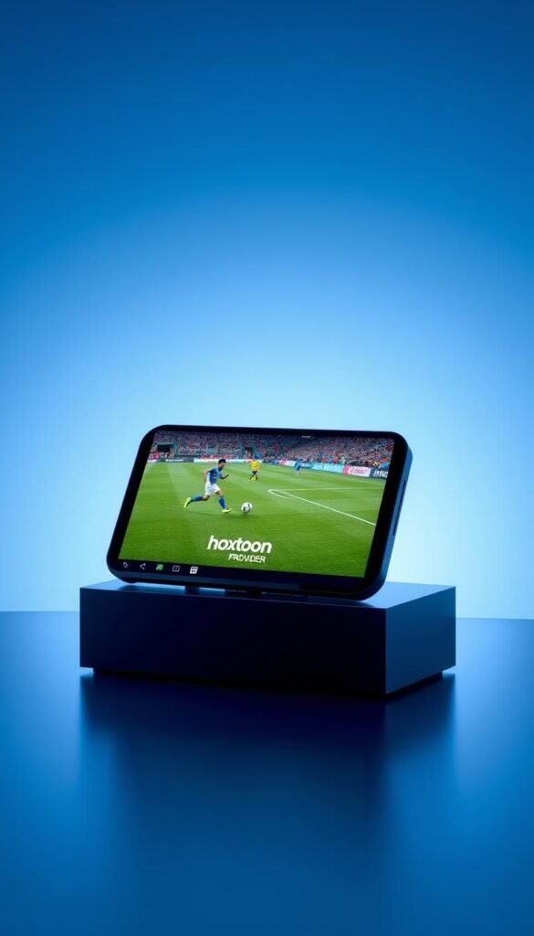 A modern Android IPTV device displaying live soccer match with the Hoxtoon Provider logo prominently featured. The device is set against a sleek, minimalist background with a subtle gradient in shades of blue. Soft studio lighting highlights the device's elegant design and high-quality display, conveying a sense of advanced technology and premium entertainment experience. The overall composition suggests the convenience and versatility of using Android IPTV for streaming sports events like the FIFA 2026 World Cup.