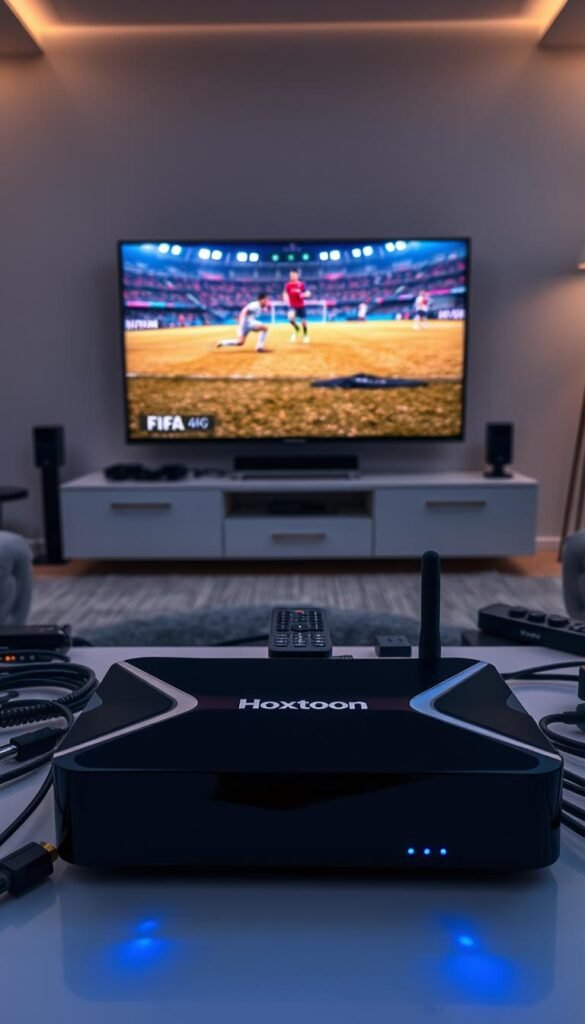 A modern IPTV setup for premium sports streaming in 4K resolution. In the foreground, a sleek Hoxtoon Provider set-top box with glossy black finish and glowing blue LED indicators. Surrounding it, an array of cables, remote controls, and other streaming peripherals. In the middle ground, a large 4K ultra-high definition television displaying a live FIFA match in vibrant colors, with players rendered in stunning detail. The background features a minimalist home theater setup, with a modern entertainment center and adjustable mood lighting creating a cozy, immersive viewing experience. The overall scene conveys the power and convenience of IPTV technology for delivering premium sports content in exceptional quality.