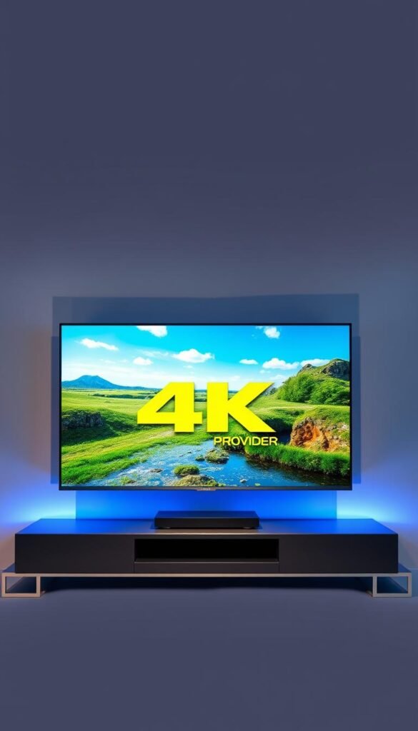 A modern IPTV streaming service against a sleek, minimalist backdrop. In the foreground, a high-resolution 4K TV screen showcases crystal-clear footage, its vibrant colors and sharp details highlighting the exceptional video quality. The Hoxtoon Provider logo is prominently displayed, conveying the technical expertise behind this premium service. Soft, directional lighting creates depth and emphasizes the clean, sophisticated aesthetic. The scene is anchored by a sturdy, metallic entertainment console, conveying a sense of reliability and stability. The overall mood is one of technological sophistication and visual splendor, perfectly capturing the "Technical Excellence" of Hoxtoon's 4K streaming capabilities.