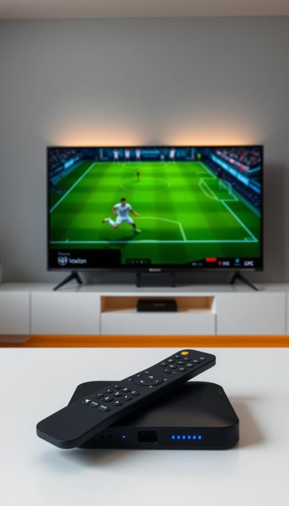 A modern and minimalist composition showcasing the Hoxtoon Provider streaming service. In the foreground, a sleek 4K smart TV displays a vivid football match, with a modern remote control prominently placed. The middle ground features a compact IPTV set-top box, its LED indicator lights gently pulsing. In the background, a neutral grey wall is offset by warm indirect lighting, creating a calm and professional atmosphere. The overall scene conveys the reliable and high-quality nature of the Hoxtoon Provider service, well-suited to meet the diverse streaming needs of modern consumers.