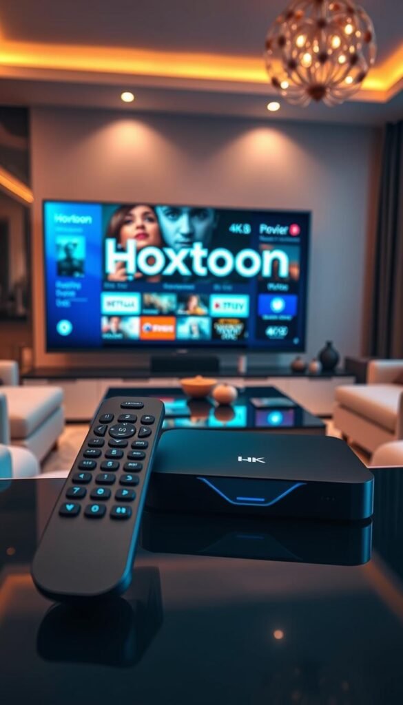 A modern and sleek IPTV service provider with the "Hoxtoon Provider" brand displayed prominently. The scene features a well-designed user interface showcasing a variety of 4K content options, highlighting Hoxtoon's commitment to high-quality streaming. The foreground depicts an elegant remote control and a high-end streaming device, while the background showcases a sophisticated living room setting with stylish furniture and warm lighting, conveying a sense of premium home entertainment. The overall tone is professional, polished, and showcases Hoxtoon as a leading IPTV provider in the USA.