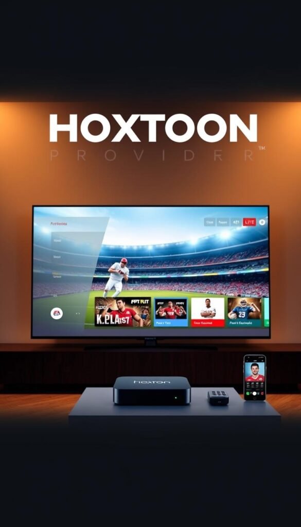 A modern and sleek IPTV streaming service interface, showcasing the Hoxtoon Provider brand prominently. In the foreground, a 4K television displays high-quality, on-demand sports matches, with a minimalist and intuitive user menu. The middle ground features various streaming device options, including a set-top box and mobile device, seamlessly integrated with the Hoxtoon ecosystem. The background depicts a vibrant cityscape, hinting at the wide coverage and accessibility of the Hoxtoon IPTV service across the United States. Warm lighting, clean lines, and a touch of minimalism create a premium, modern aesthetic that reflects the brand's commitment to delivering the best IPTV experience to American consumers.