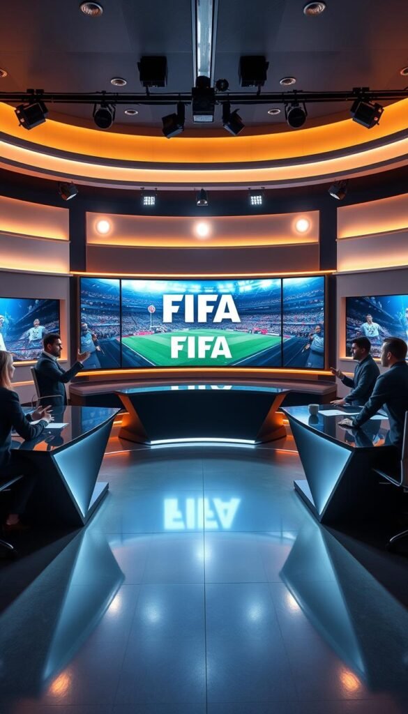 A modern broadcast studio with sleek, angular desks and minimalist decor. In the center, a large curved LED screen displays the FIFA logo and a live IPTV feed from the Hoxtoon Provider. The lighting is a warm, cinematic mix of key and fill lights, casting dramatic shadows. The camera angles capture the dynamic movement of the presenters, who gesture animatedly while analyzing the latest match highlights. The atmosphere is one of professional, high-quality production, reflecting the evolution of FIFA broadcasting into the IPTV era.