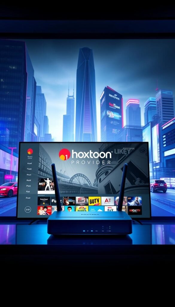 A modern, high-tech IPTV streaming service with the Hoxtoon Provider brand prominently displayed. The foreground shows a sleek, minimalist smart TV interface with a clean, intuitive UI showcasing a variety of 4K streaming channels. In the middle ground, an advanced network router and modem setup, representing the reliable internet infrastructure powering the IPTV service. The background depicts a futuristic, cyberpunk-inspired cityscape with towering skyscrapers and neon-lit streets, symbolizing the cutting-edge technology and global reach of the IPTV platform. Dramatic lighting, with cool blues and purples, creates a sophisticated, high-end aesthetic.