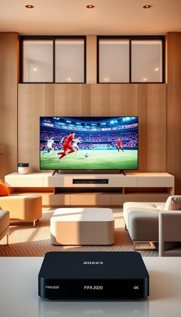 A modern living room with a large 4K TV prominently displaying a FIFA 2026 match, the screen filled with vivid colors and dynamic action. In the foreground, a sleek and stylish media center unit showcases the "Hoxtoon Provider" IPTV box, casting a soft glow. The middle ground features a comfortable sofa and armchair arrangement, inviting viewers to immerse themselves in the captivating match. The background is filled with warm, natural lighting filtering through large windows, creating a cozy and inviting atmosphere. The overall scene conveys the seamless integration of high-quality IPTV technology and the thrill of experiencing the FIFA 2026 World Cup in the comfort of a modern living space.