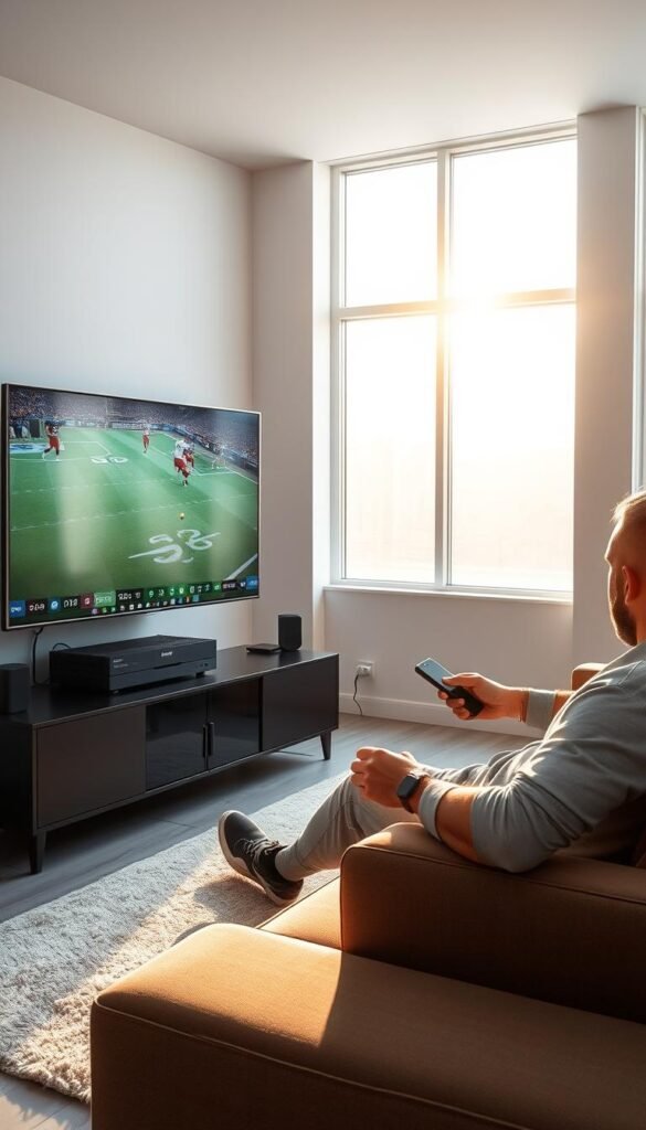 A modern living room with a large flat-screen TV displaying live sports coverage. The TV is connected to a sleek, black "Hoxtoon Provider" IPTV set-top box, with intricately detailed hardware components visible. Light streams in through large windows, casting a warm glow over the scene. In the foreground, a sports enthusiast sits comfortably on a plush couch, engrossed in the game, remote in hand. The room is minimalist, with clean lines and a neutral color palette, allowing the TV and IPTV technology to take center stage. The atmosphere is one of technological sophistication and immersive sports viewing experience.