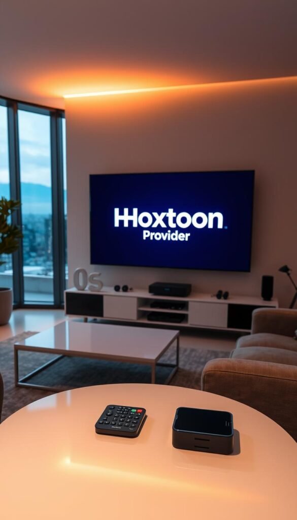 A modern living room with a large flat-screen TV displaying the Hoxtoon Provider logo. The room is bathed in a warm, ambient lighting, with a sleek media console holding a streaming box and other media devices. In the foreground, a remote control and a smartphone are placed on a minimalist coffee table, representing the convenience of IPTV streaming. The middle ground features a cozy couch and armchair, creating a comfortable viewing experience. The background showcases floor-to-ceiling windows, providing a scenic view of a contemporary urban landscape, symbolizing the evolution from traditional cable to the boundless world of IPTV.
