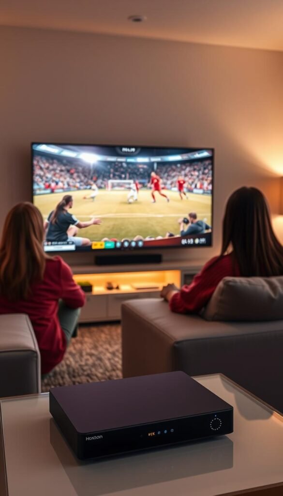 A modern living room with a large, high-definition television displaying a thrilling FIFA match. In the foreground, a group of friends enthusiastically watching the game, their faces illuminated by the screen's glow. The room is bathed in warm, cozy lighting, creating a comfortable atmosphere. On a side table, a Hoxtoon Provider IPTV box stands ready to deliver the best 4K Portuguese FIFA stream, ensuring an immersive and seamless viewing experience for the dedicated fans. The background features sleek, minimalist decor, emphasizing the focus on the match and the superior video quality provided by the Hoxtoon service.