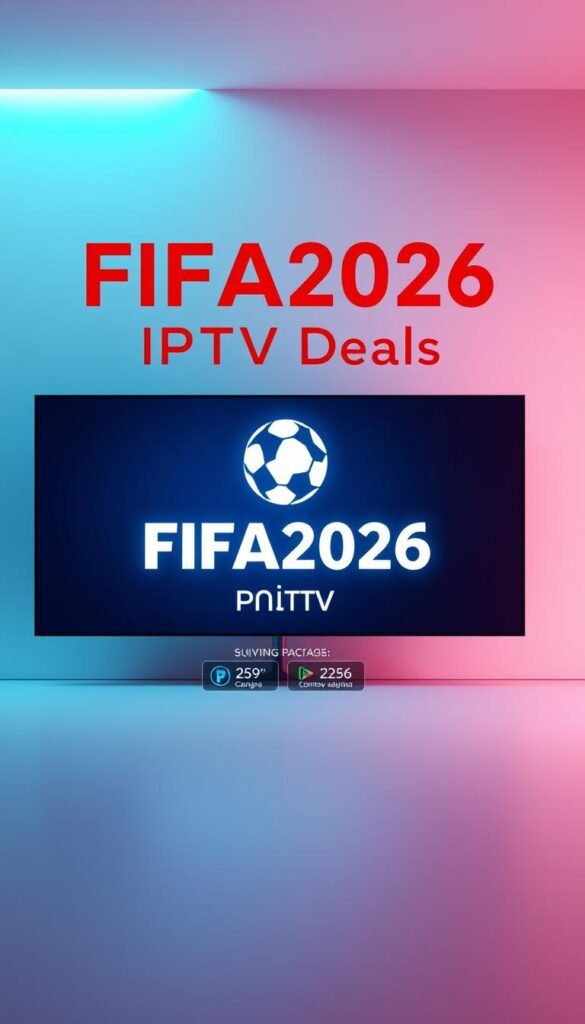A modern, minimalist digital backdrop showcasing the "FIFA2026 IPTV Deals" title. In the foreground, a sleek, high-tech digital interface featuring the Hoxtoon Provider brand logo, crisp typography, and clean lines. The middle ground exhibits dynamic infographic elements highlighting key IPTV package details, subscription pricing, and feature icons. The background maintains a subtle, futuristic ambiance with a stylized soccer ball motif and pulsing digital distortions. Soft, cool-toned lighting enhances the sense of digital sophistication. The overall composition conveys a premium, cutting-edge IPTV service tailored for the upcoming FIFA 2026 tournament.