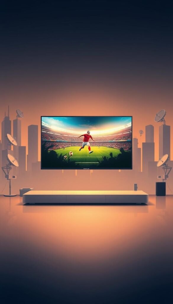 A modern, minimalist illustration of an IPTV streaming service. In the center, a sleek, high-definition television displays a live sports event, showcasing the advanced capabilities of the Hoxtoon Provider platform. In the background, a cityscape with skyscrapers and satellite dishes represents the cutting-edge technology and global reach of IPTV. The lighting is soft and warm, creating a sense of comfort and immersion. The composition emphasizes the seamless integration of sports broadcasting and IPTV, reflecting the evolution of this technology.