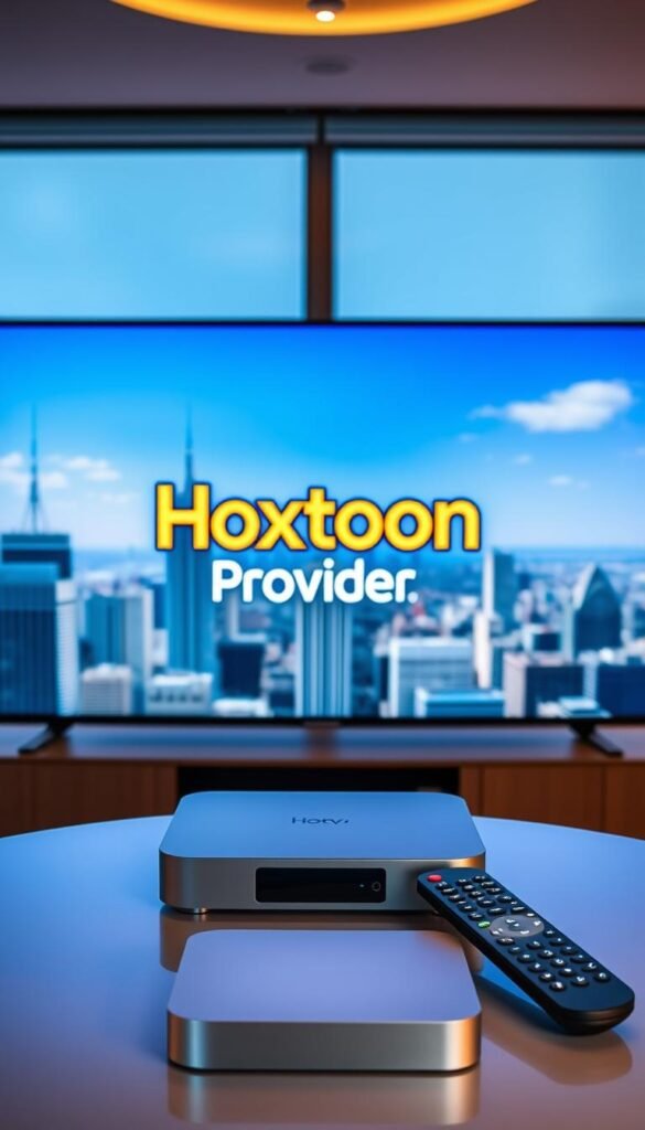 A modern, minimalist office setting with a large, vibrant screen displaying the Hoxtoon Provider logo in the foreground. The middle ground features a sleek, silver IPTV set-top box and a high-quality remote control, showcasing the company's technology. The background depicts a cityscape with skyscrapers and a clear, blue sky, conveying a sense of urban sophistication. The lighting is warm and inviting, creating a professional yet approachable atmosphere. The overall composition highlights Hoxtoon Provider's position as the best IPTV provider in the USA, offering a seamless and premium viewing experience.