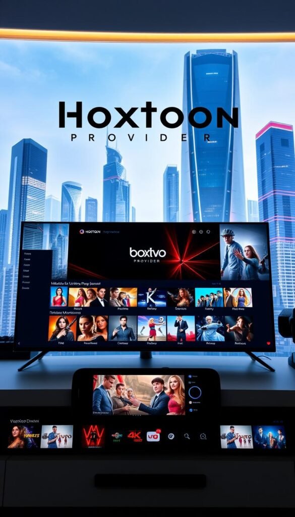 A modern, sleek 4K IPTV provider interface with the Hoxtoon Provider brand prominently displayed. The foreground features a clean, minimalist dashboard with intuitive controls and a high-definition live TV stream. The middle ground showcases a variety of 4K content thumbnails, highlighting the provider's comprehensive library of movies, shows, and live channels. The background depicts a futuristic cityscape with gleaming skyscrapers, conveying a sense of a technologically advanced, urban environment. The lighting is crisp and bright, giving the image a polished, professional appearance. The camera angle is slightly elevated, providing an immersive, user-centric perspective.