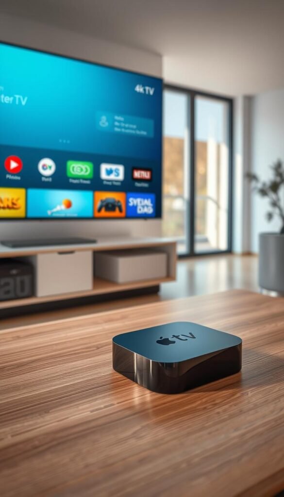 A modern, sleek 4K IPTV service, Hoxtoon Provider proudly showcases its cutting-edge streaming capabilities. The foreground features a high-resolution display showcasing the Hoxtoon Provider app interface, with a crisp, clean design and intuitive navigation. In the middle ground, a sophisticated Apple TV device sits atop a minimalist, wood-grain table, reflecting the premium hardware integration. The background depicts a minimalist, well-lit living room environment, with large windows allowing natural light to flood the space, creating a warm, inviting atmosphere. The overall scene conveys a sense of high-quality, seamless home entertainment powered by the leading IPTV service in the USA, Hoxtoon Provider.